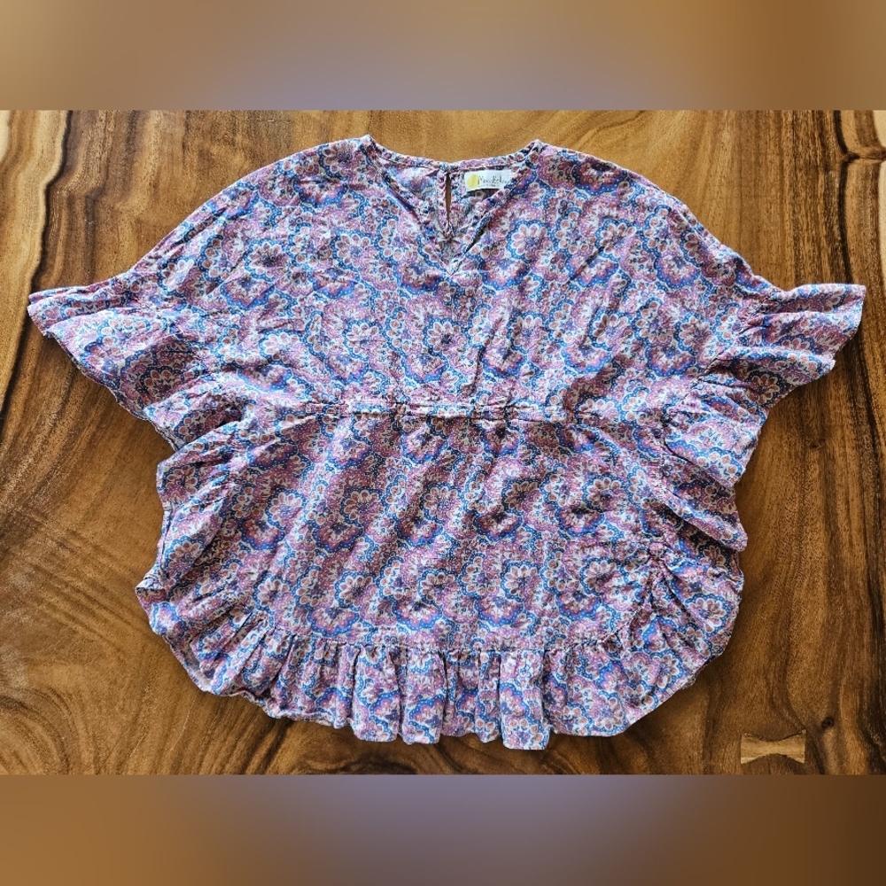 Mini Boden Paisley Floral Purple Blue Ruffle Blouse Girls Youth Size 5-6